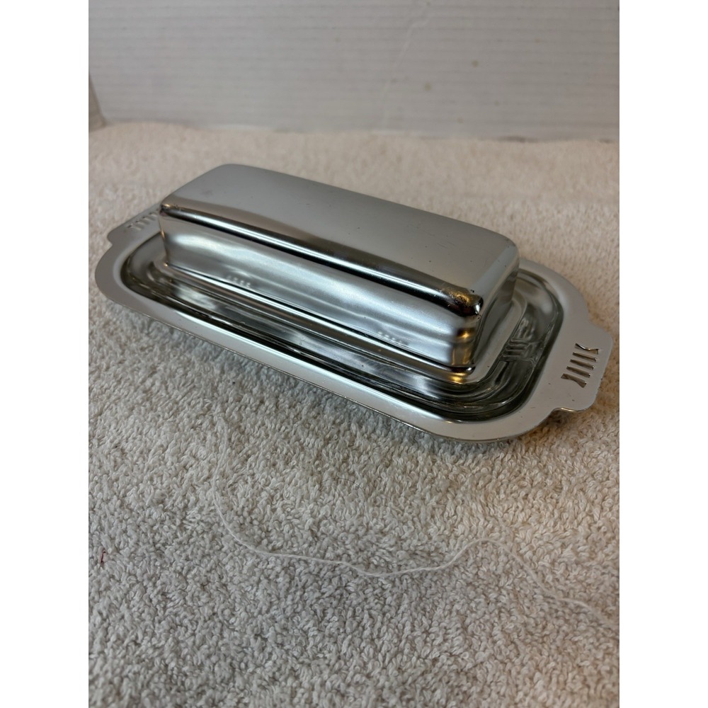 MCM Midcentury Modern Stainless Butter Dish W Glass Linner